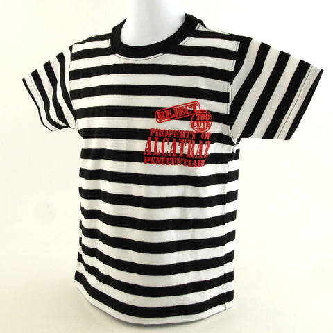 A kid's black and white stripes crew neck tee shirt with a "Reject Too Cute Property of Alcatraz Penitentiary" logo embroidered on the left chest