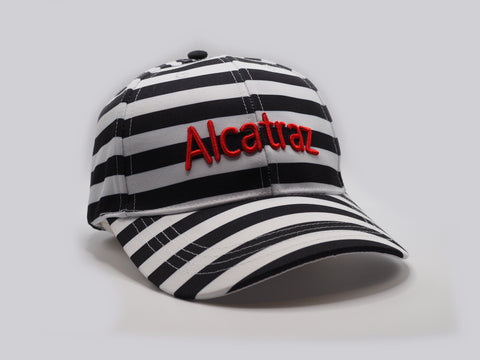 Black and White Stripes Baseball Cap with the word "Alcatraz" embroidered in red on the front.