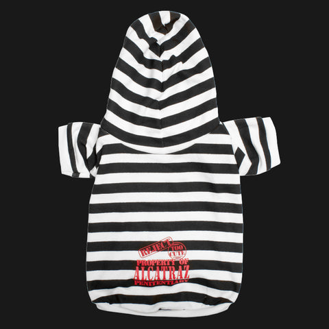 A black and white stripe hooded shirt for small pets. "Rejected Too Cute Property of Alcatraz Penitentiary" logo on the back