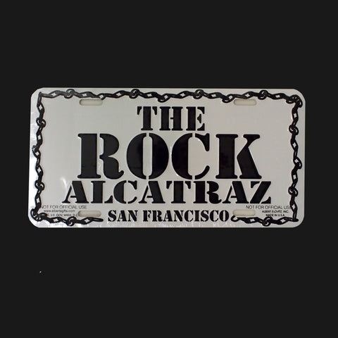 A full size license plate with "The Rock Alcatraz San Francisco" on the front of the plate.