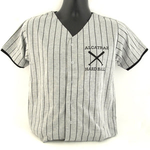 Light weight button down pinstripe baseball shirt with "Alcatraz Hard Ball" printed on left chest.