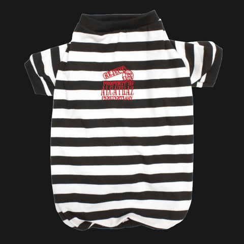 A black and white shirt for small pets wtih "Reject too Cute Property of Alcatraz Penitentiary" logo on the back