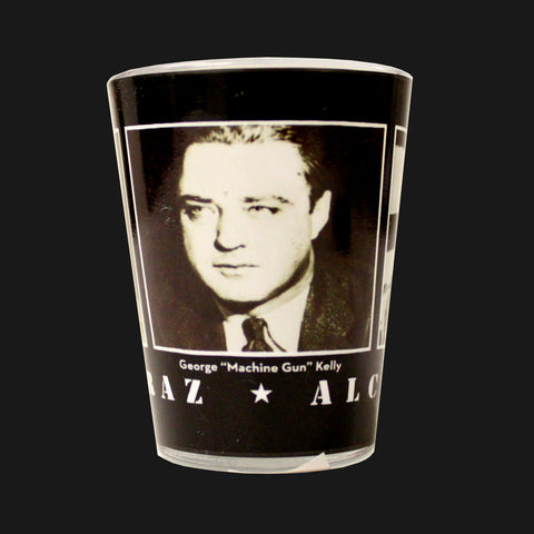 A shot glass with former inmate George "Machine Gun" Kelly printed on it.