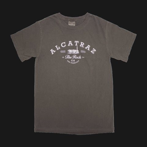 A faded black cotton tee shirt with "Alcatraz The Rock CA San Francisco" logo on the front chest