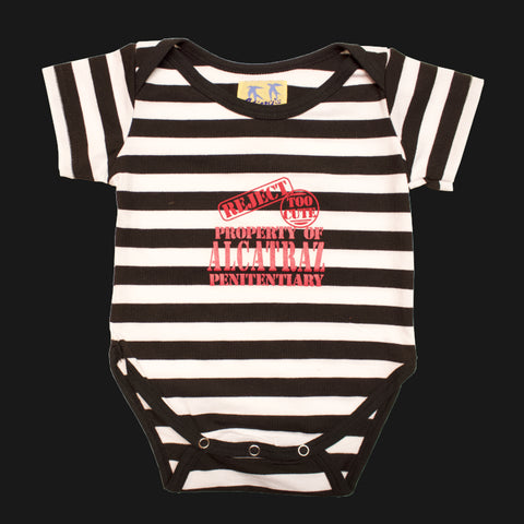 Black and white stripes baby bodysuit with "Rejected Too Cute Property of Alcatraz Penitentiary" logo