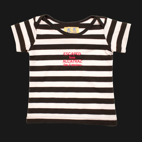 Black and white stripe short sleeve baby tee shirt with "Escape from Alcatraz San Francisco" logo 