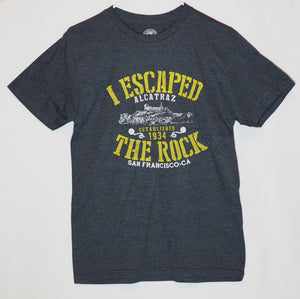 Light weight, Charcoal color tee with full front printed " I Escape Alcatraz The Rock"