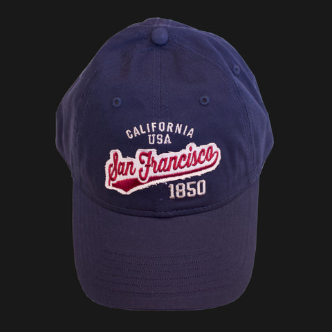 Navy color baseball cap with "San Francisco California USA 1850" embroidered on the front.