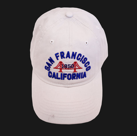 A off white color baseball cap with "San Francisco California" embroidered on the front.