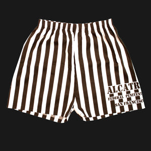 Boxer shorts with vertical black and white stripes. "Alcatraz Federal Penitentiary San Francisco" printed on the left front.