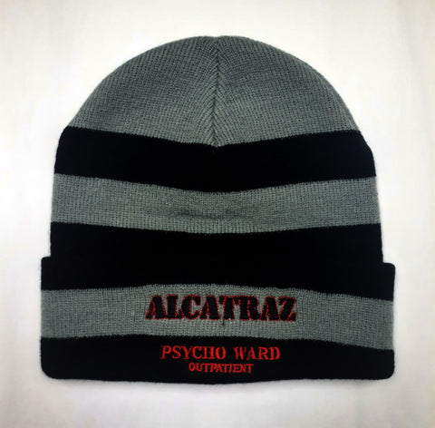 Grey and Black stripe beanie with "Alcatraz Psycho Ward Outpatient" embroidered on the front.