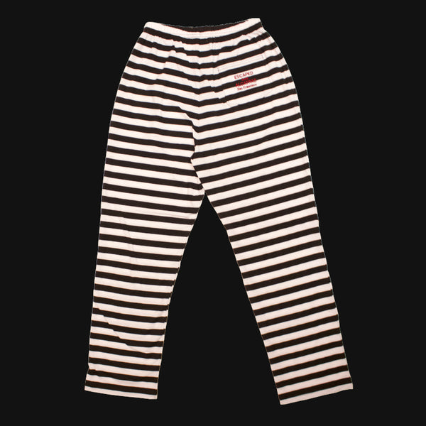 Back view of pants with black and white stripe with back pocket.