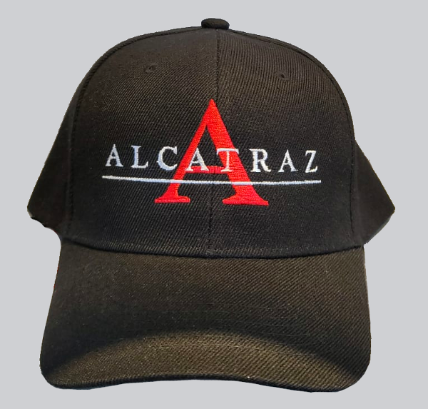 Black Baseball cap with a large red embroidered letter "A" and white Alcatraz Logo on the front. Front View