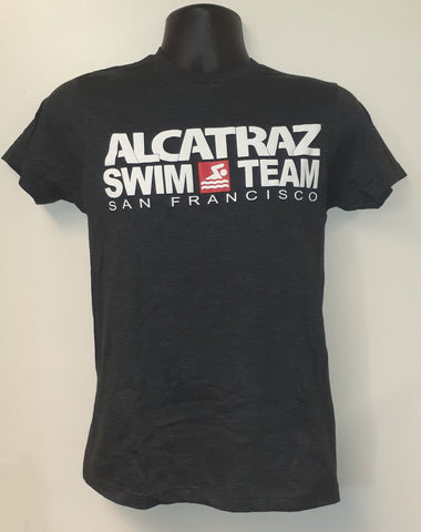 Light weight charcoal color tee shirt with "Alcatraz Swim Team San Francisco" Logo printed on the front chest.
