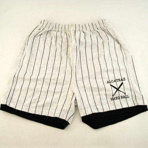 Light weight pin stripe baseball style shorts with "Alcatraz Hard Ball" printed on left front .