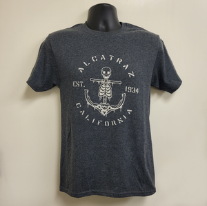 Heather Charcoal tee shirt with Bones Anchor design. Alcatraz Est. 1934