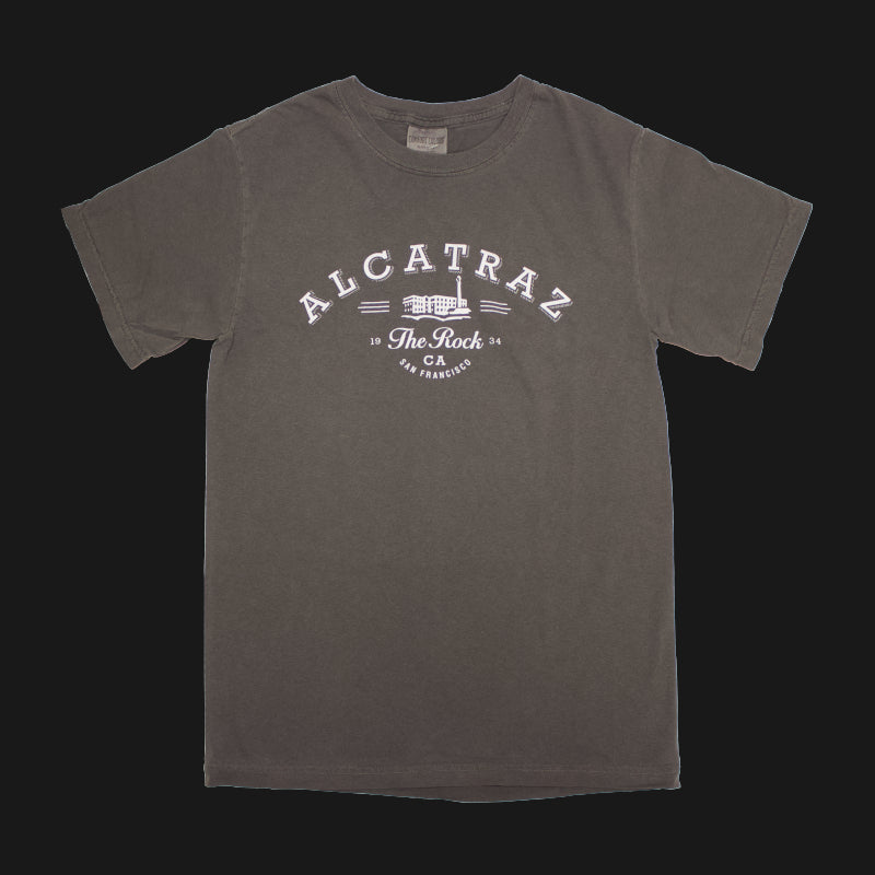 A faded black cotton tee shirt with "Alcatraz The Rock CA San Francisco" logo on the front chest