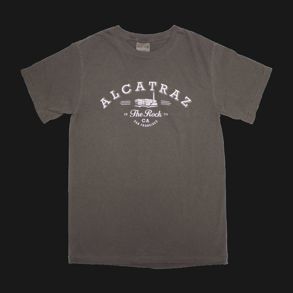 A faded black cotton tee shirt with "Alcatraz The Rock CA San Francisco" logo on the front chest