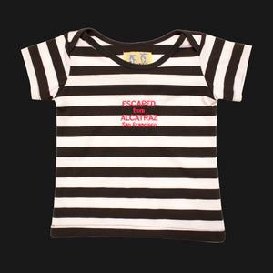 Black and white stripe short sleeve baby tee shirt with "Escape from Alcatraz San Francisco" logo 