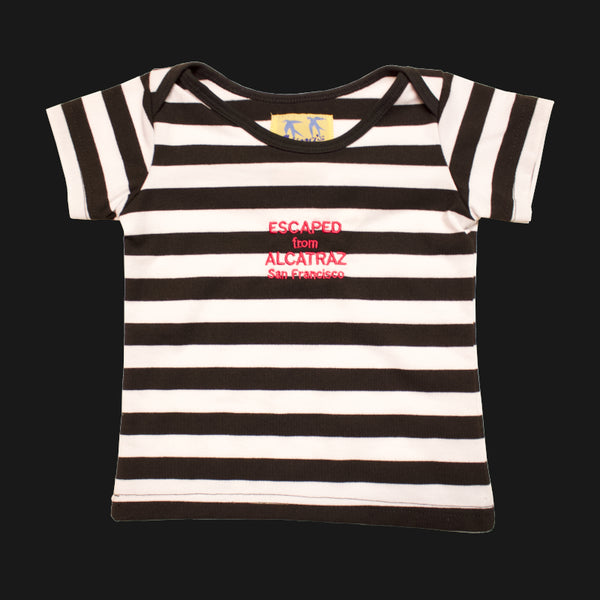 Black and white stripe short sleeve baby tee shirt with "Escape from Alcatraz San Francisco" logo 
