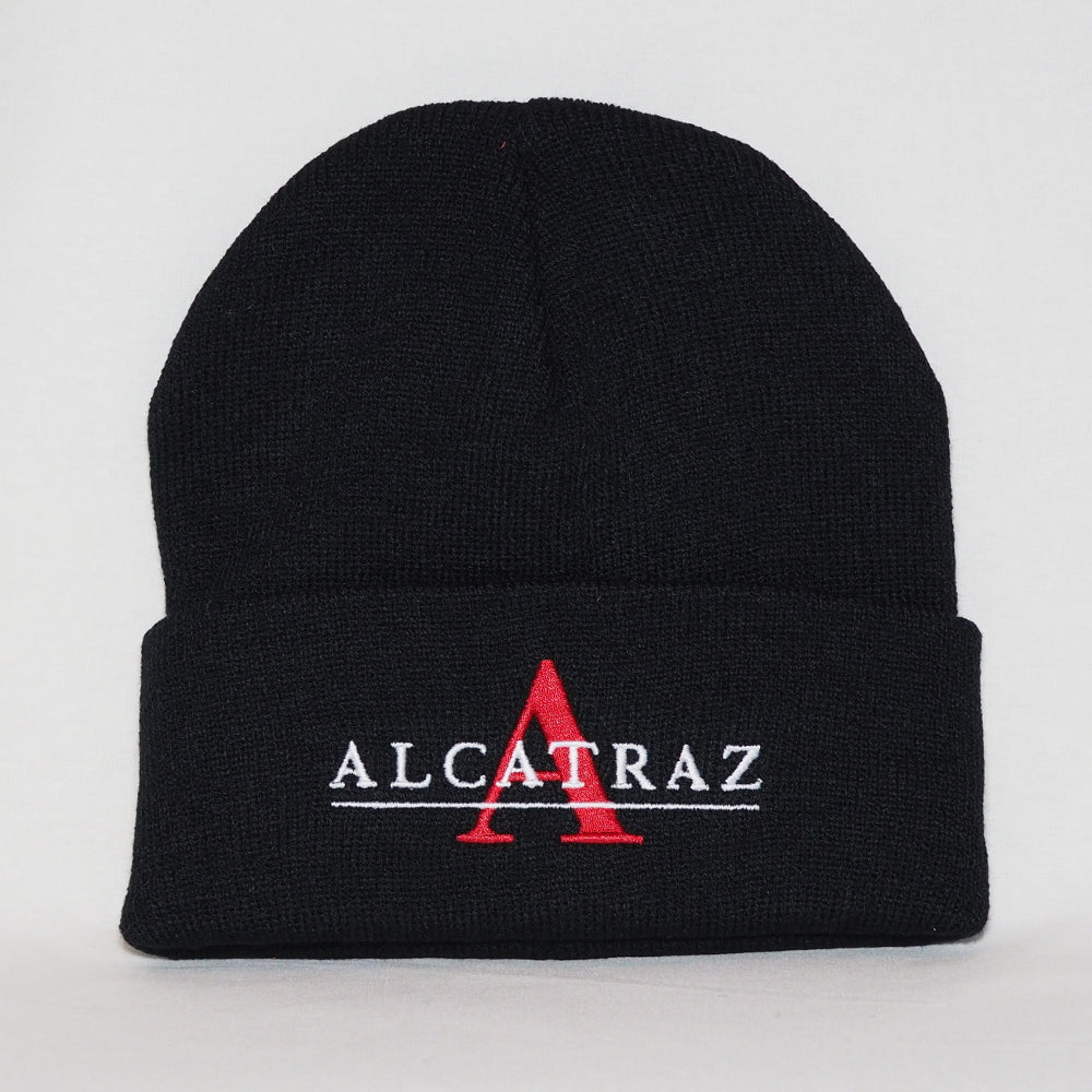 Black Alcatraz Beanie With Block Letter "A" and "Alcatraz" embroidered on the front  