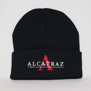 Black Alcatraz Beanie With Block Letter "A" and "Alcatraz" embroidered on the front  