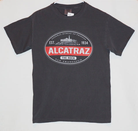 Cotton Tee with oval "Alcatraz The Rock" print on front chest