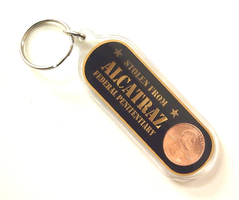 Oblong Plastic Alcatraz Keychain "Stolen From Alcatraz Federal Penitentiary" With Lucky Penny